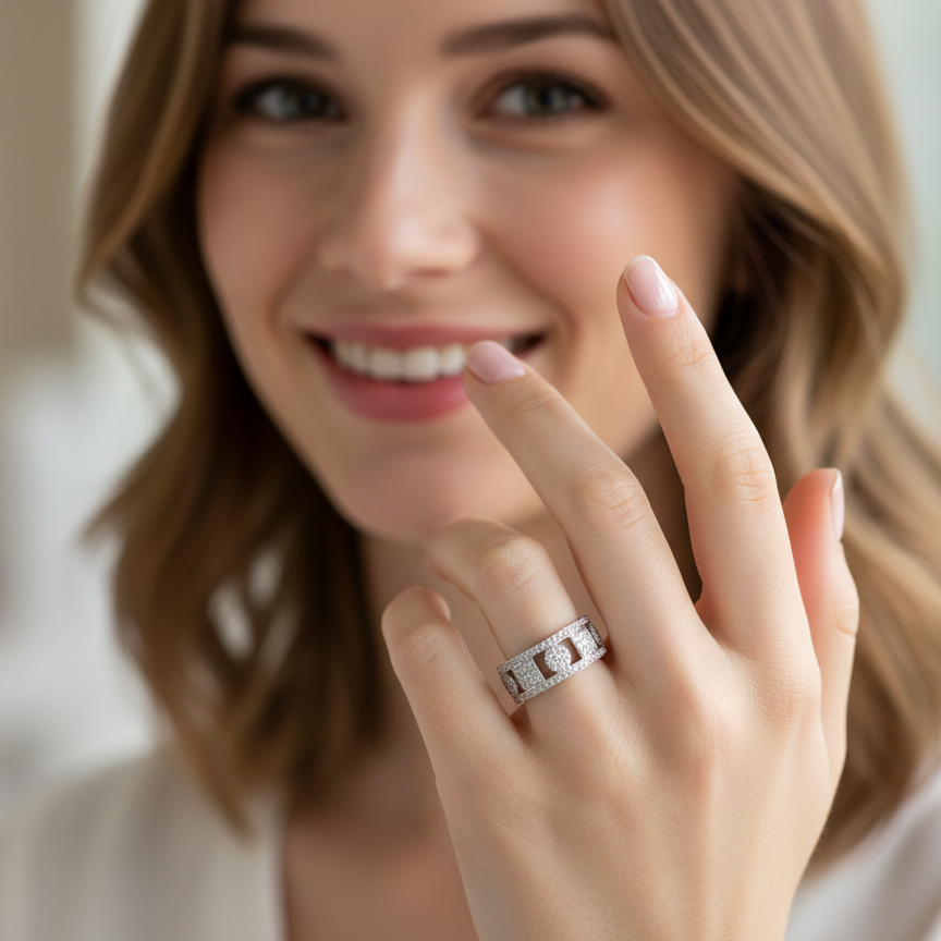 model captivating design, this 18-carat white gold band