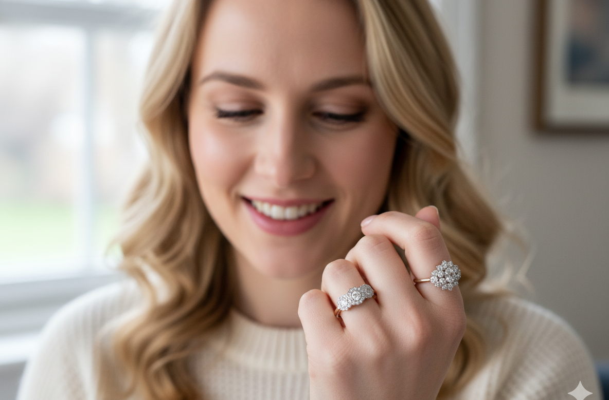 model charming vintage triple cluster diamond ring,