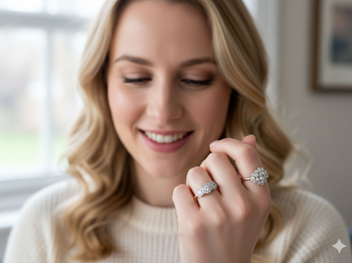 model charming vintage triple cluster diamond ring,