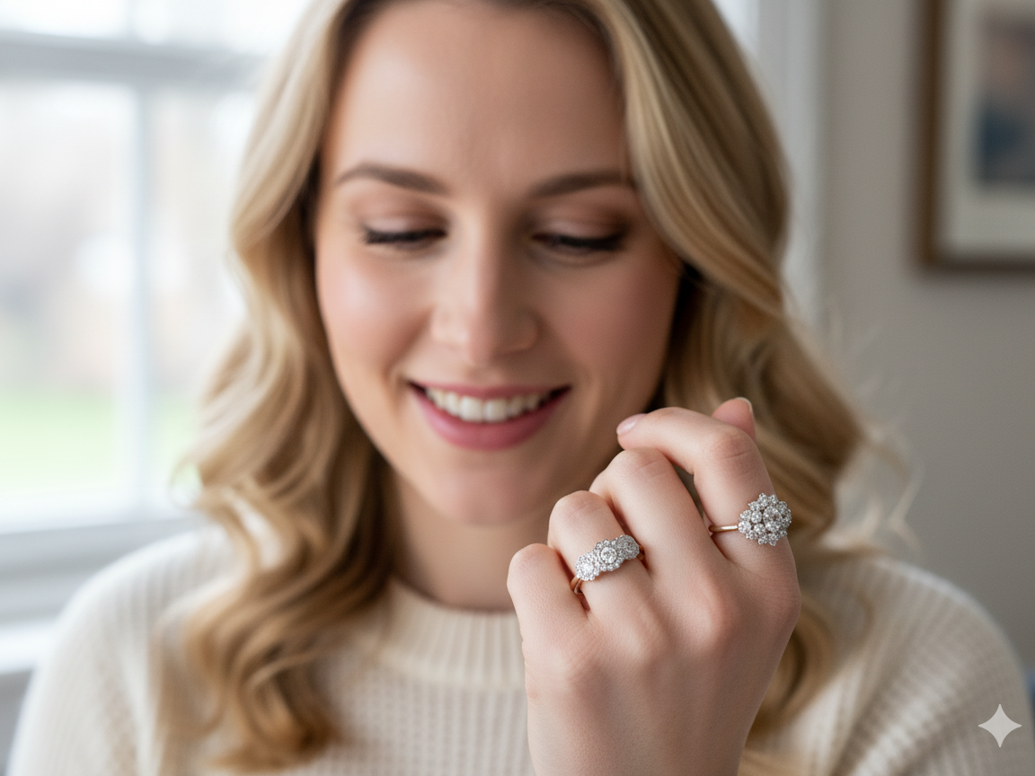 model charming vintage triple cluster diamond ring,