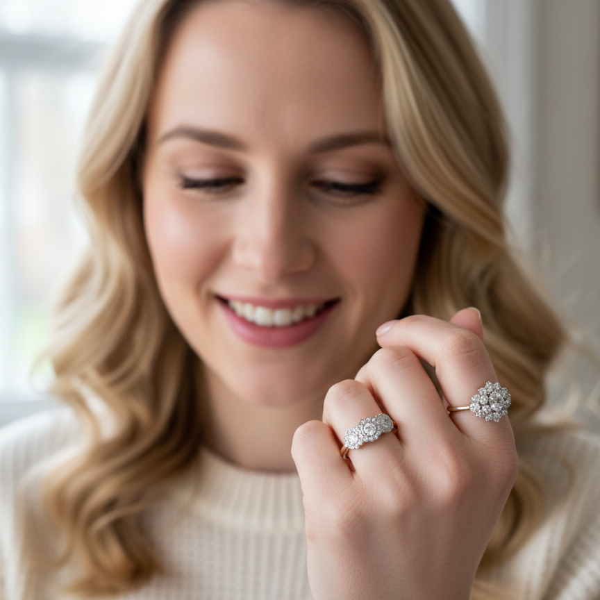 model charming vintage triple cluster diamond ring,