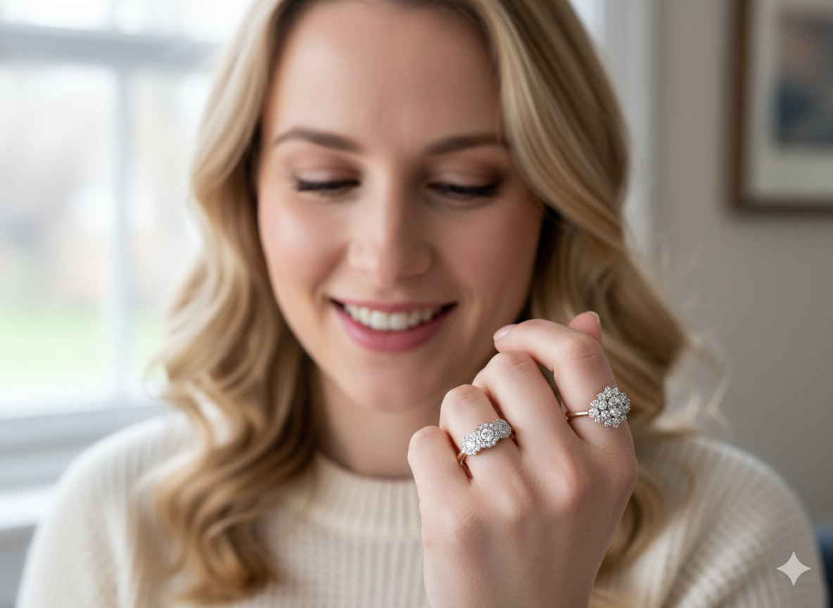 model charming vintage triple cluster diamond ring,