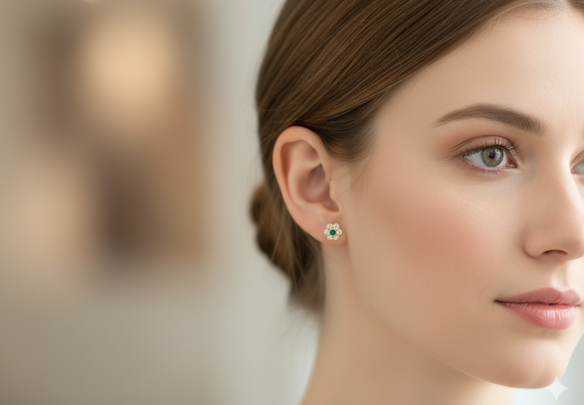 model classic cluster earrings, each featuring a round emerald