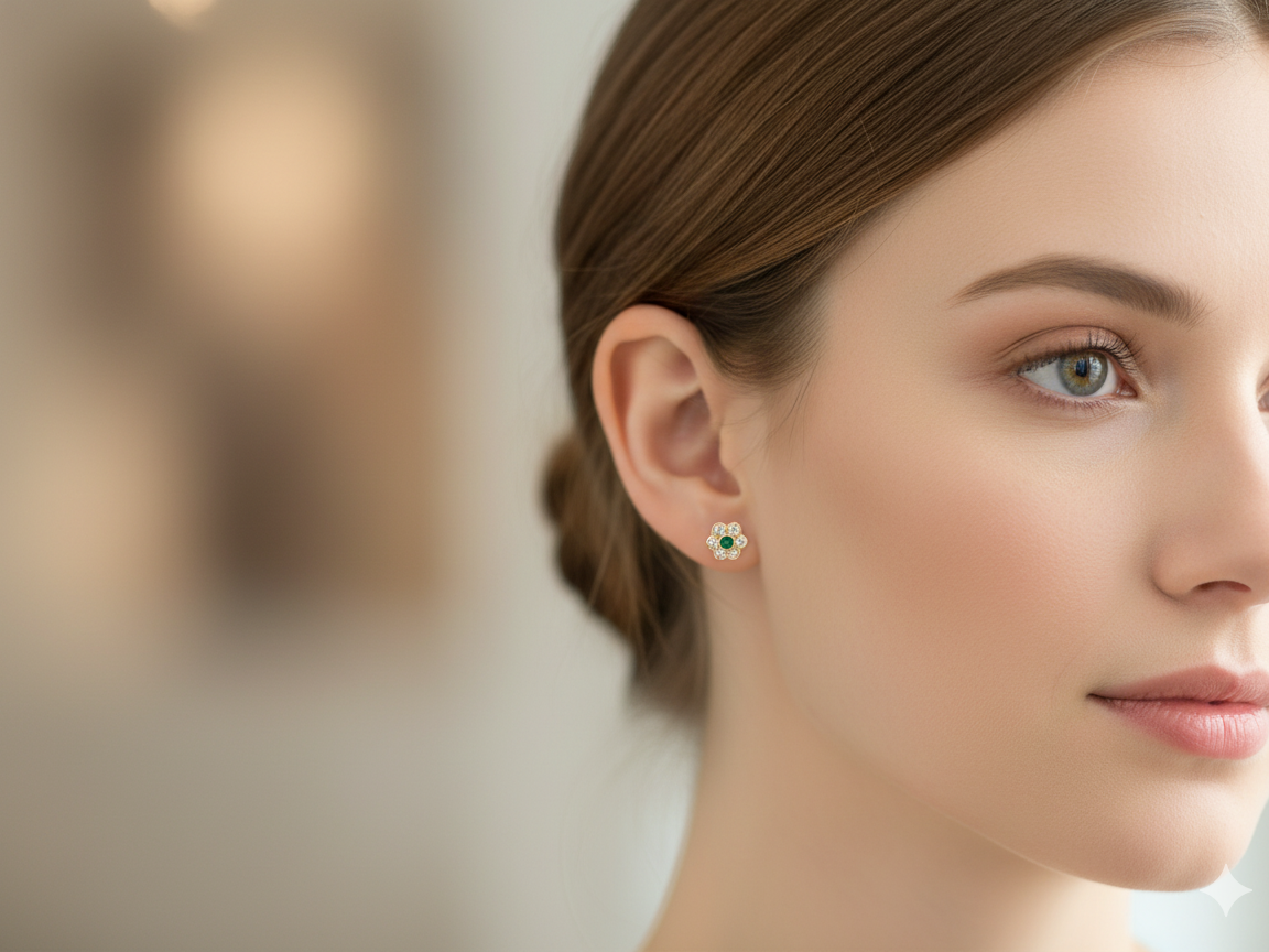 model classic cluster earrings, each featuring a round emerald