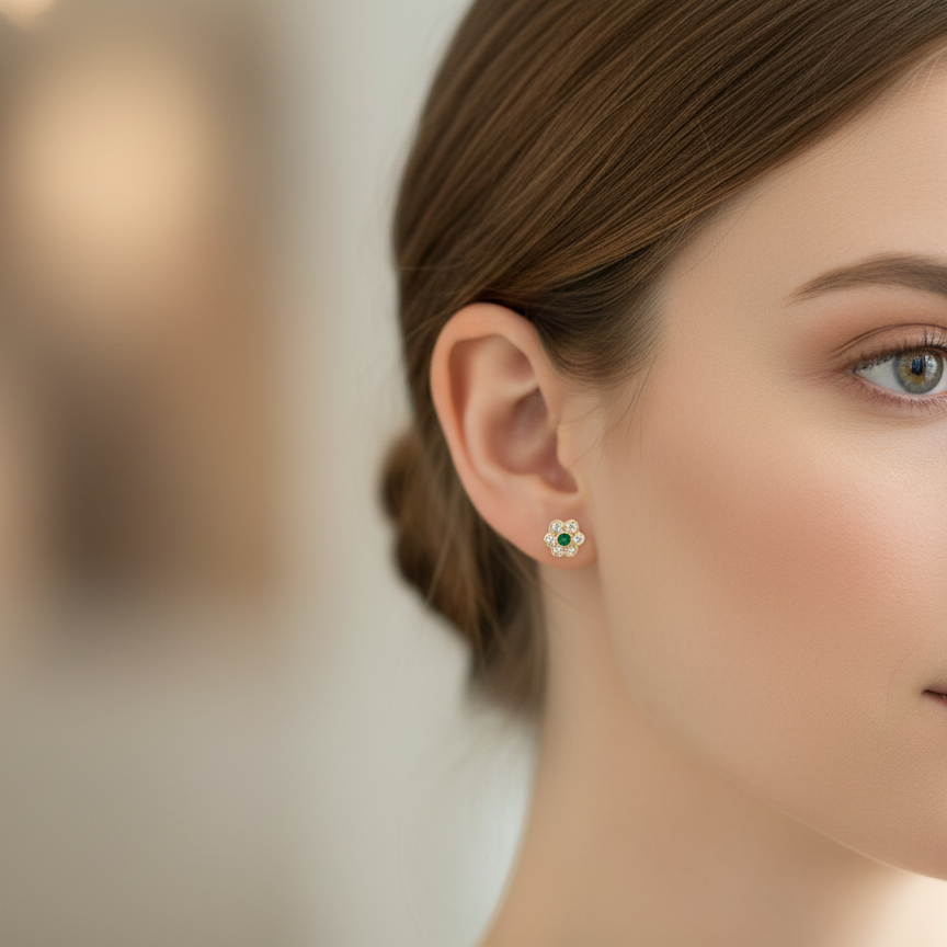 model classic cluster earrings, each featuring a round emerald