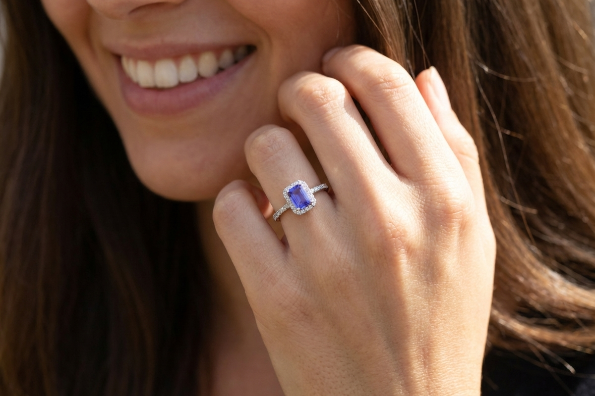 model cluster ring featuring a 4A quality Tanzanite as its centre stone.