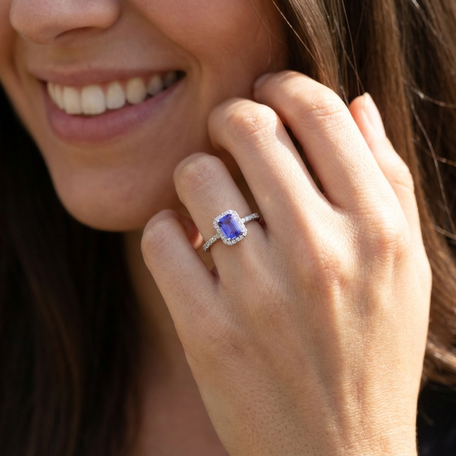 model cluster ring featuring a 4A quality Tanzanite as its centre stone.