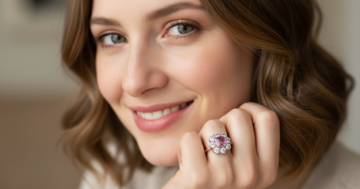 mocdel cluster ring featuring a beautiful cushion-cut pink sapphire