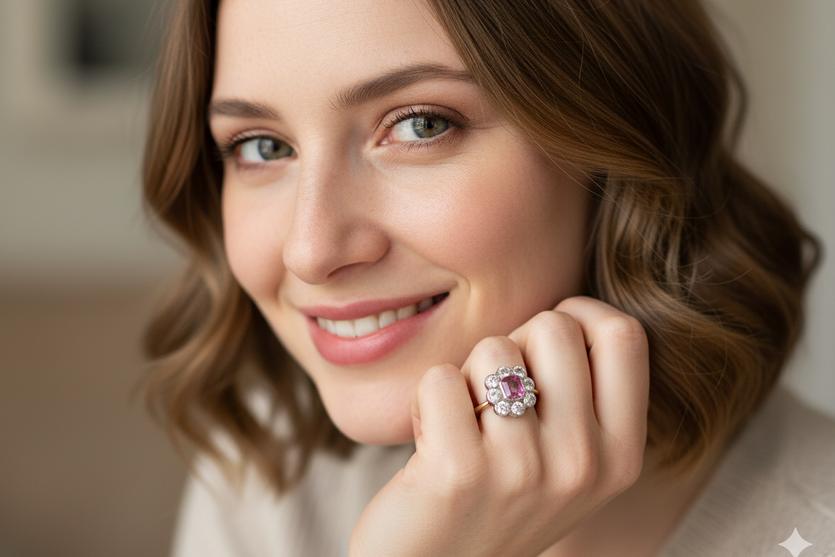 mocdel cluster ring featuring a beautiful cushion-cut pink sapphire