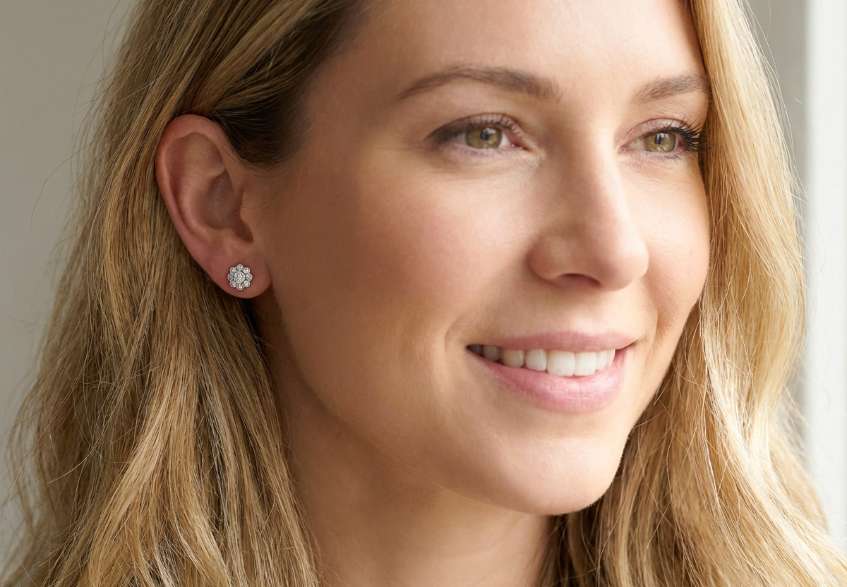 model elegant pair of 18 carat gold* cluster earrings, each beautifully set with brilliant-cut white diamonds.