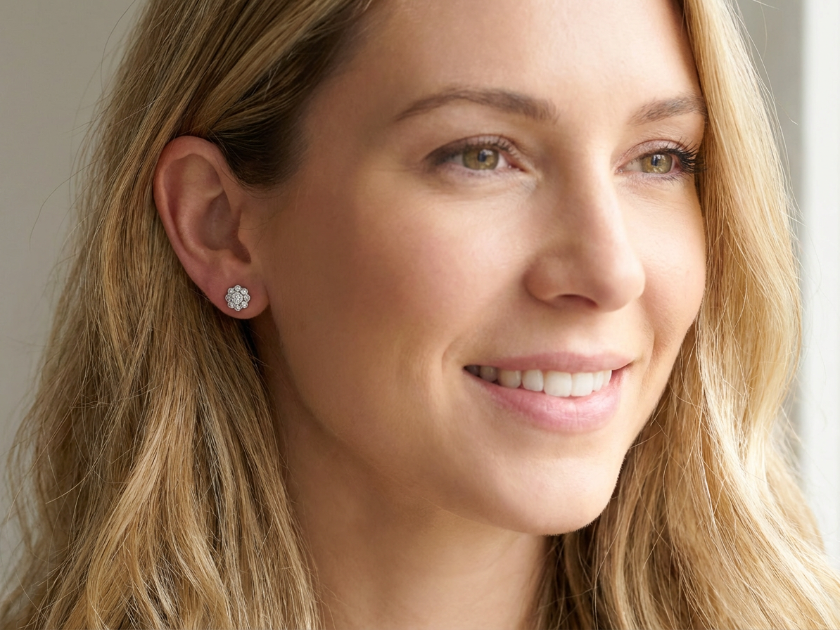 model elegant pair of 18 carat gold* cluster earrings, each beautifully set with brilliant-cut white diamonds.