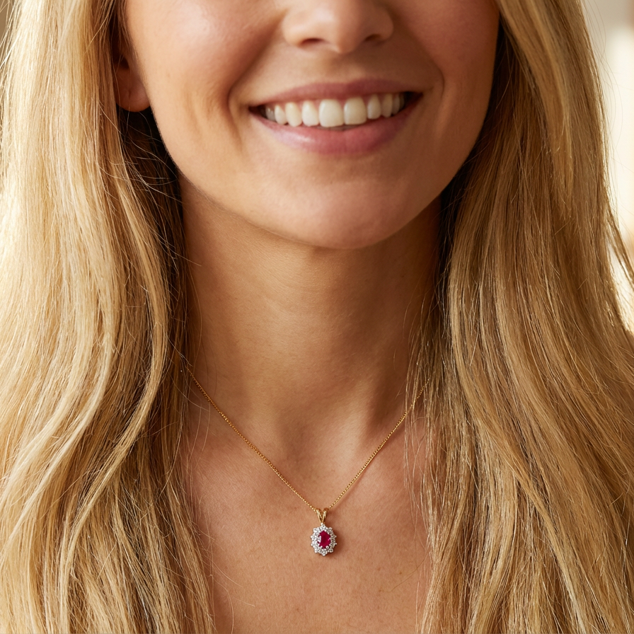 model elegant pendant showcasing a vivid oval-cut raspberry-red ruby