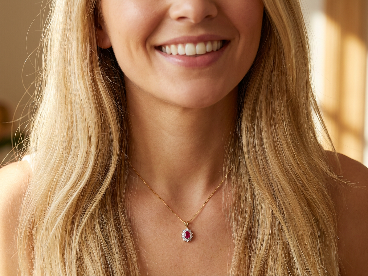 model elegant pendant showcasing a vivid oval-cut raspberry-red ruby