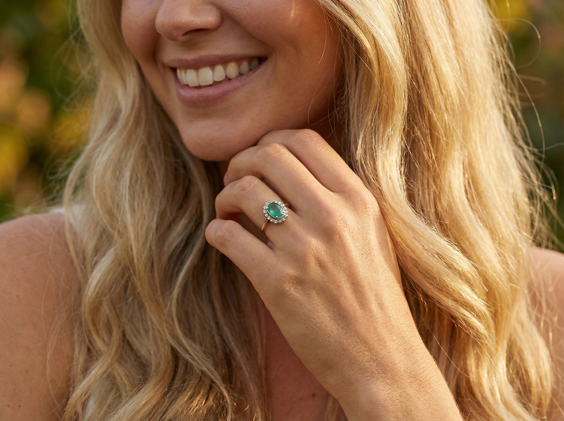 model enchanting cluster ring that features at its centre an oval emerald,