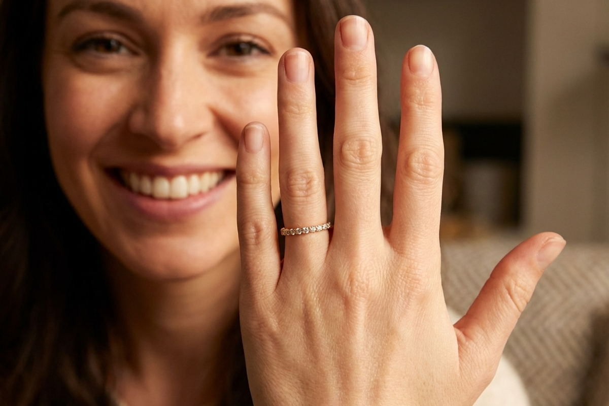 model eternity ring is crafted in 18ct gold and set with fourteen round brilliant-cut white diamonds.