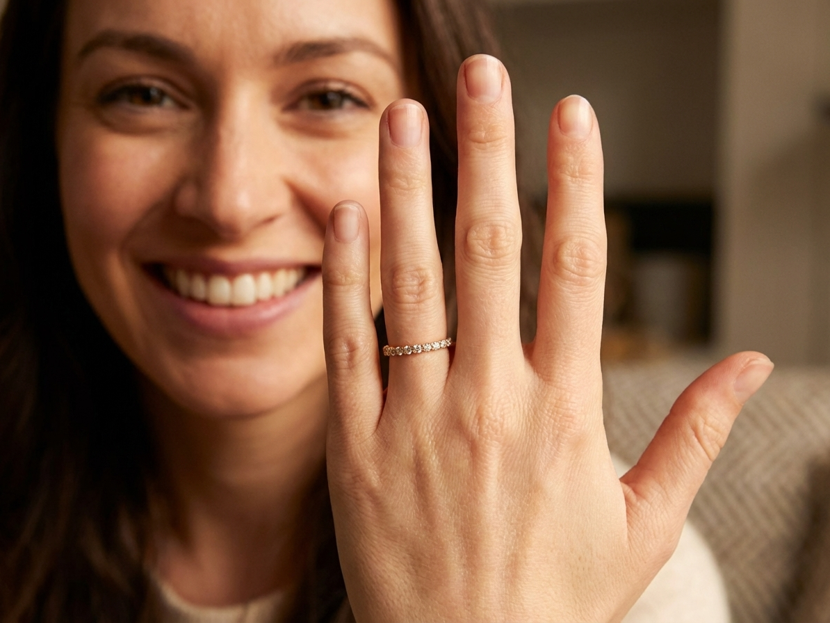 model eternity ring is crafted in 18ct gold and set with fourteen round brilliant-cut white diamonds.