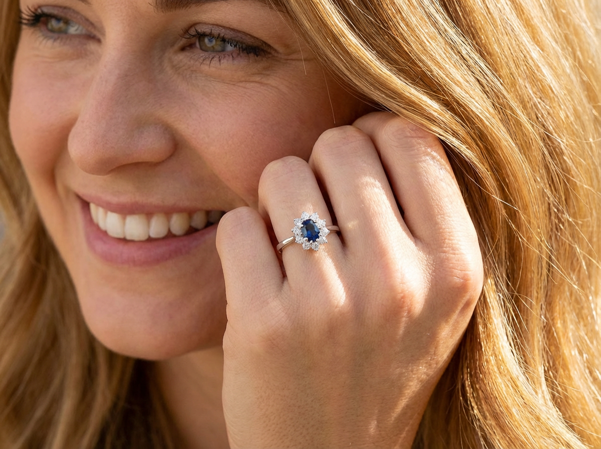 model fine 18 carat white gold cluster ring. Features an oval cut dark blue sapphire centre stone