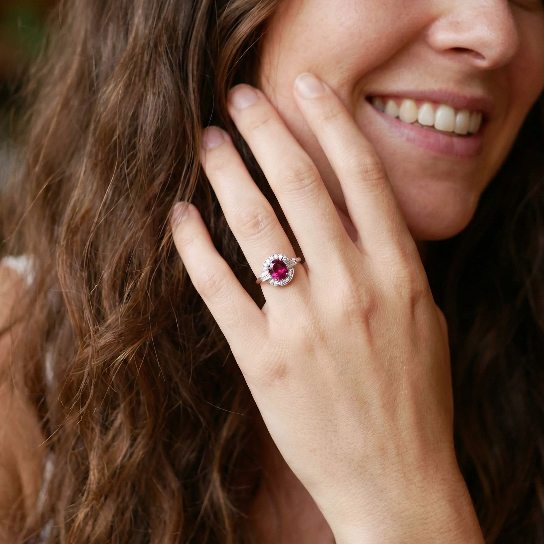 model fine Art Deco style cluster ring featuring an untreated natural ruby