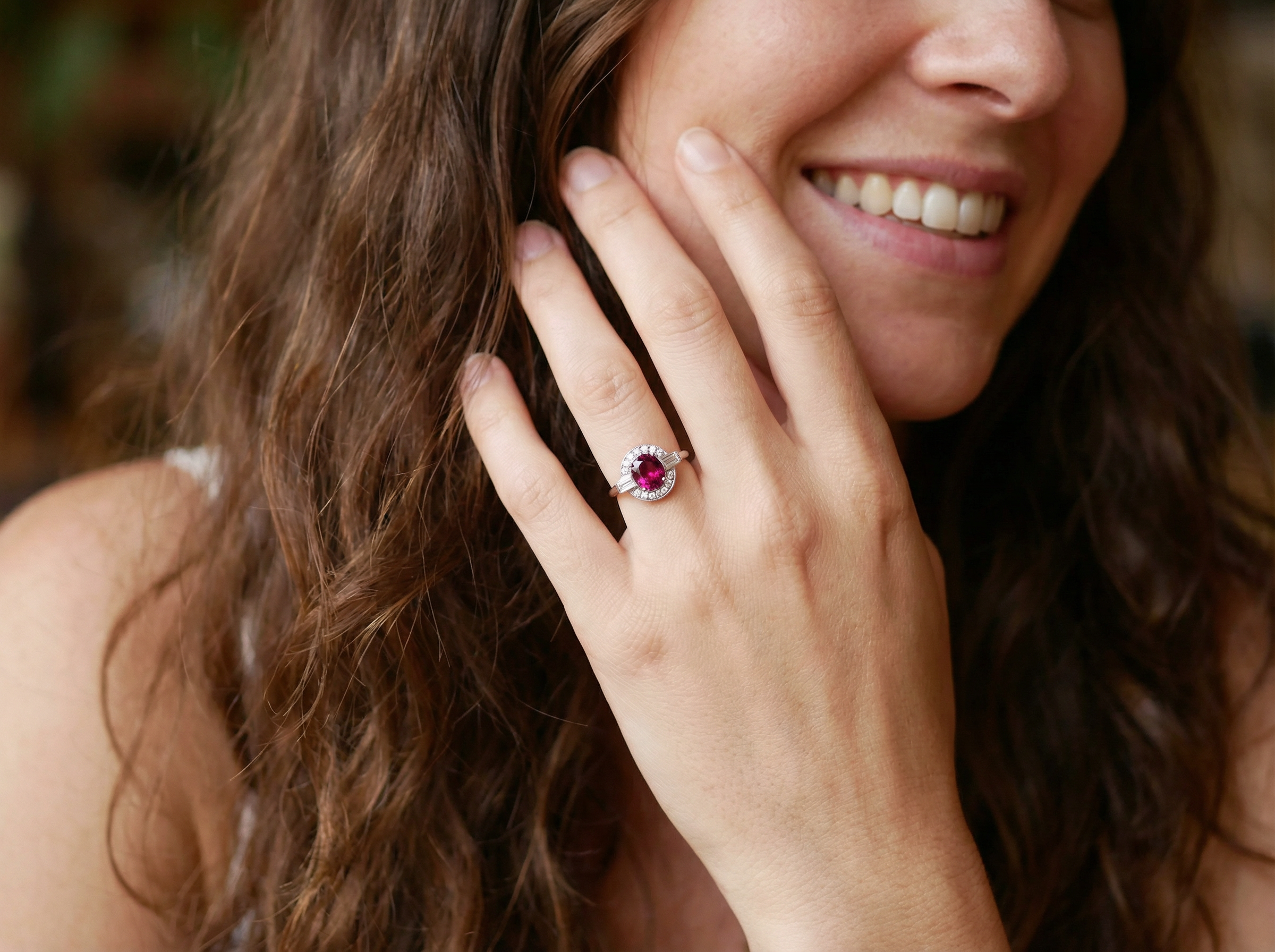 model fine Art Deco style cluster ring featuring an untreated natural ruby