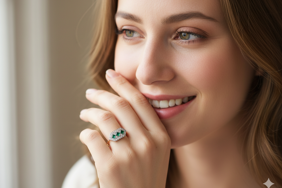 model fine Edwardian era cluster ring, beautifully handcrafted with a trio of vibrant emeralds surrounded by a halo of antique old-cut diamonds.