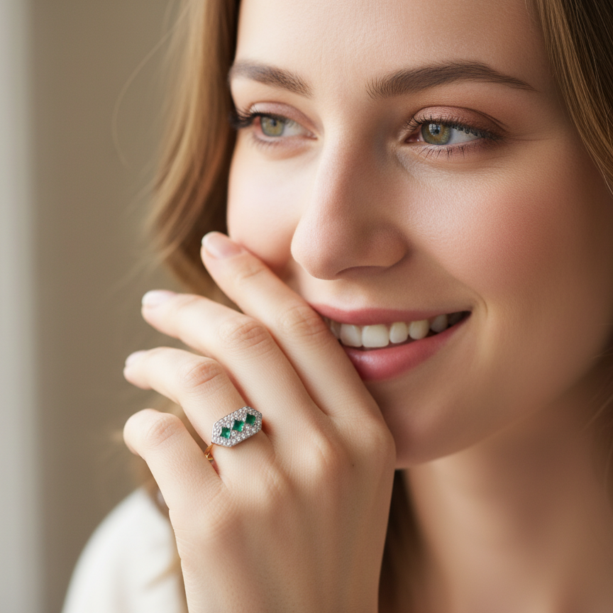 model fine Edwardian era cluster ring, beautifully handcrafted with a trio of vibrant emeralds surrounded by a halo of antique old-cut diamonds.