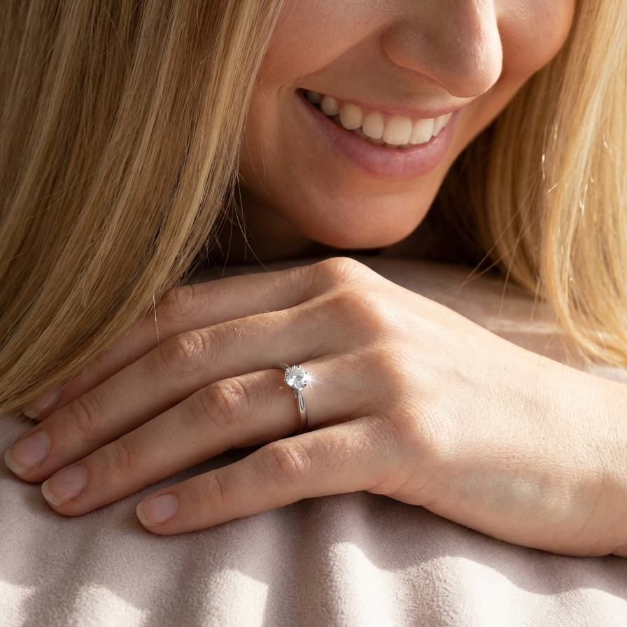 model fine solitaire ring featuring a single brilliant-cut white diamond, measuring approximately 6mm (estimated 0.75 carats).