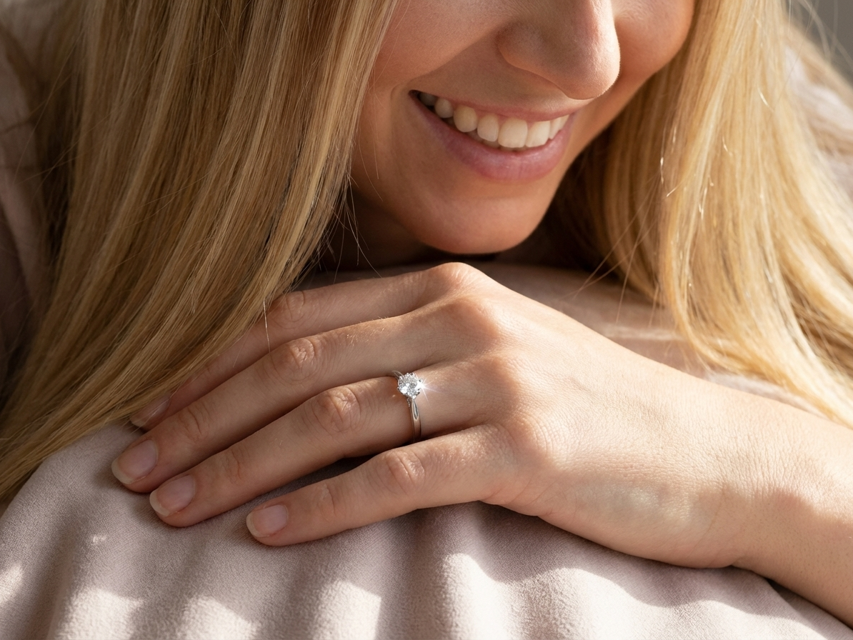 model fine solitaire ring featuring a single brilliant-cut white diamond, measuring approximately 6mm (estimated 0.75 carats).