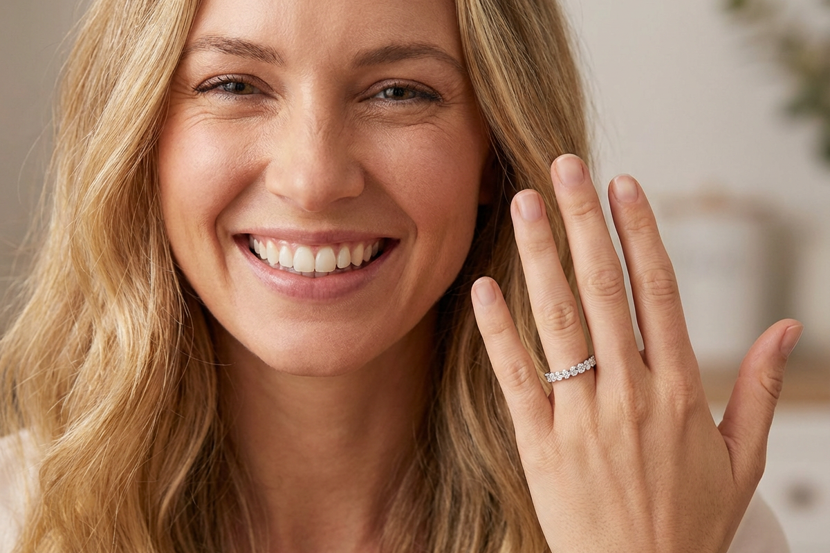 model gorgeous half-hoop eternity ring set with nine oval brilliant-cut white diamonds.