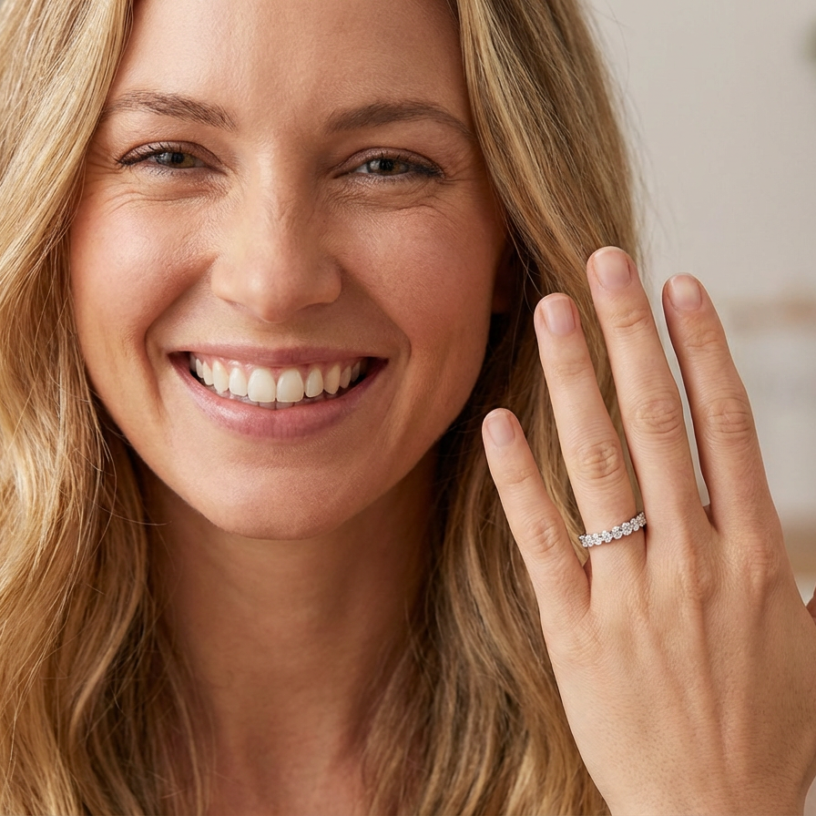 model gorgeous half-hoop eternity ring set with nine oval brilliant-cut white diamonds.