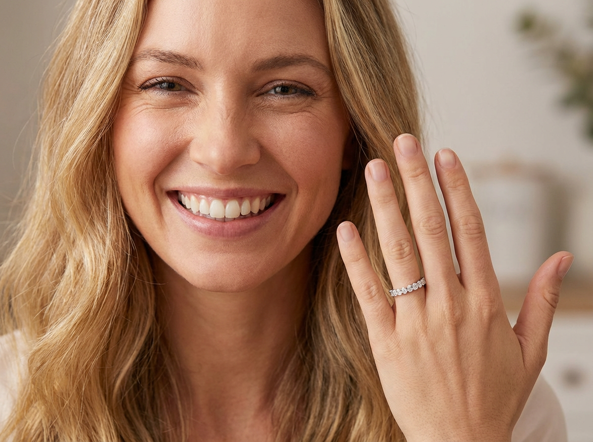 model gorgeous half-hoop eternity ring set with nine oval brilliant-cut white diamonds.