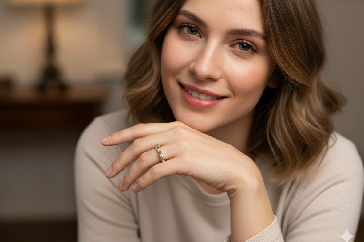 model half-eternity ring set with alternating emeralds and diamonds.