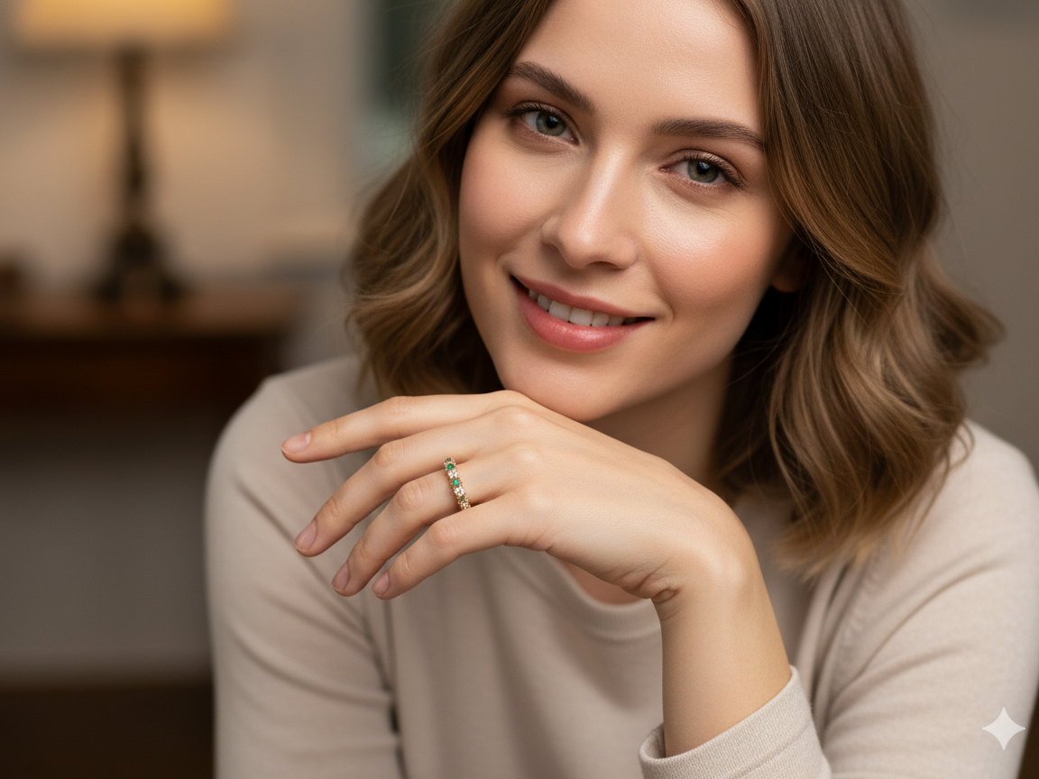 model half-eternity ring set with alternating emeralds and diamonds.