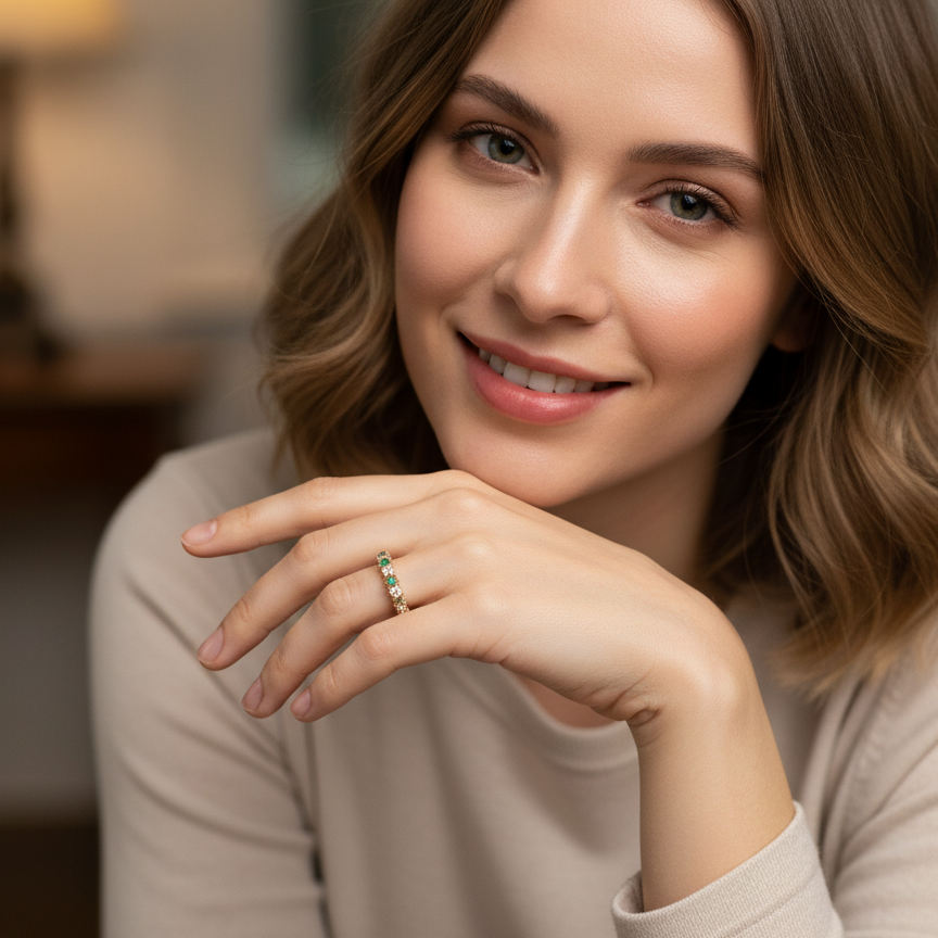 model half-eternity ring set with alternating emeralds and diamonds.