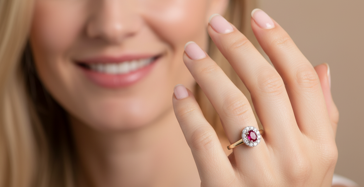 model oval ruby measuring 6x4mm (approx. 0.44 carats) in a raspberry red hue. The centre stone is accented by a halo of twelve white diamonds