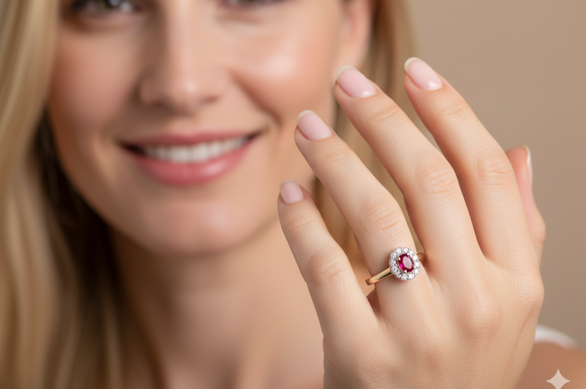 model oval ruby measuring 6x4mm (approx. 0.44 carats) in a raspberry red hue. The centre stone is accented by a halo of twelve white diamonds