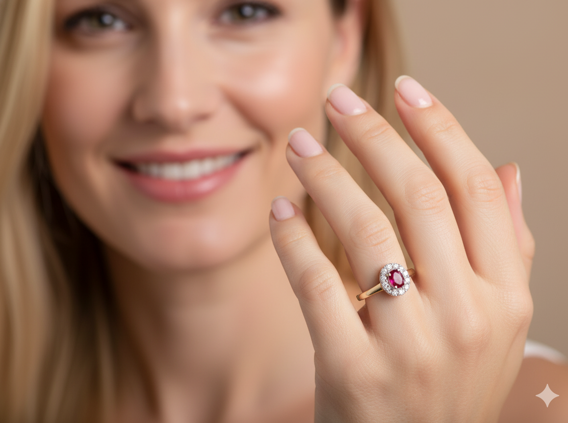 model oval ruby measuring 6x4mm (approx. 0.44 carats) in a raspberry red hue. The centre stone is accented by a halo of twelve white diamonds