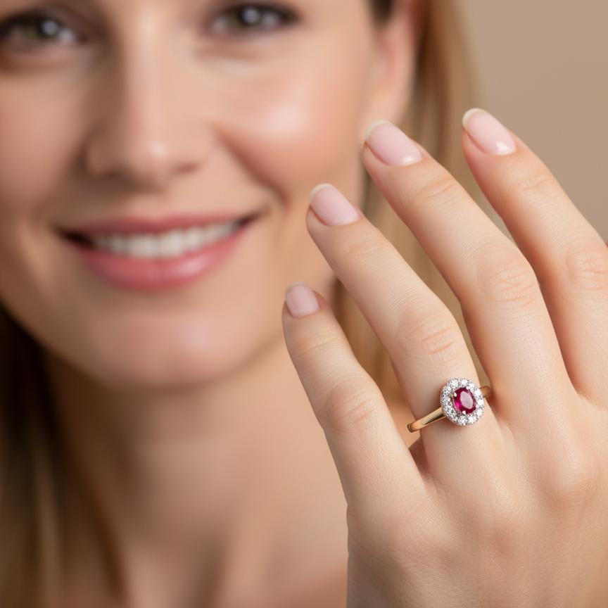 model oval ruby measuring 6x4mm (approx. 0.44 carats) in a raspberry red hue. The centre stone is accented by a halo of twelve white diamonds