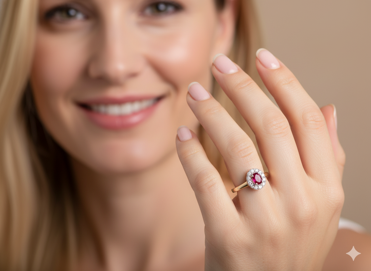 model oval ruby measuring 6x4mm (approx. 0.44 carats) in a raspberry red hue. The centre stone is accented by a halo of twelve white diamonds