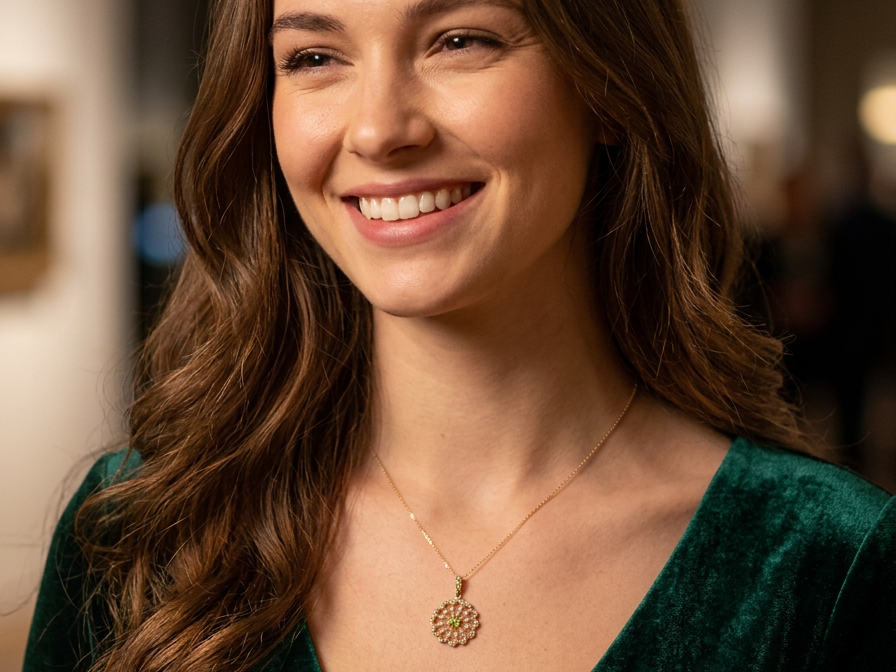 model pendant from the Edwardian- Age of Elegance-
The centre stone- a round peridot 5mm diameter, mille grain set. A satellite perimeter of twelve seed pearls, each 2.4mm. The outside border is scalloped shaped and each crescent is set with tiny seed pearls.