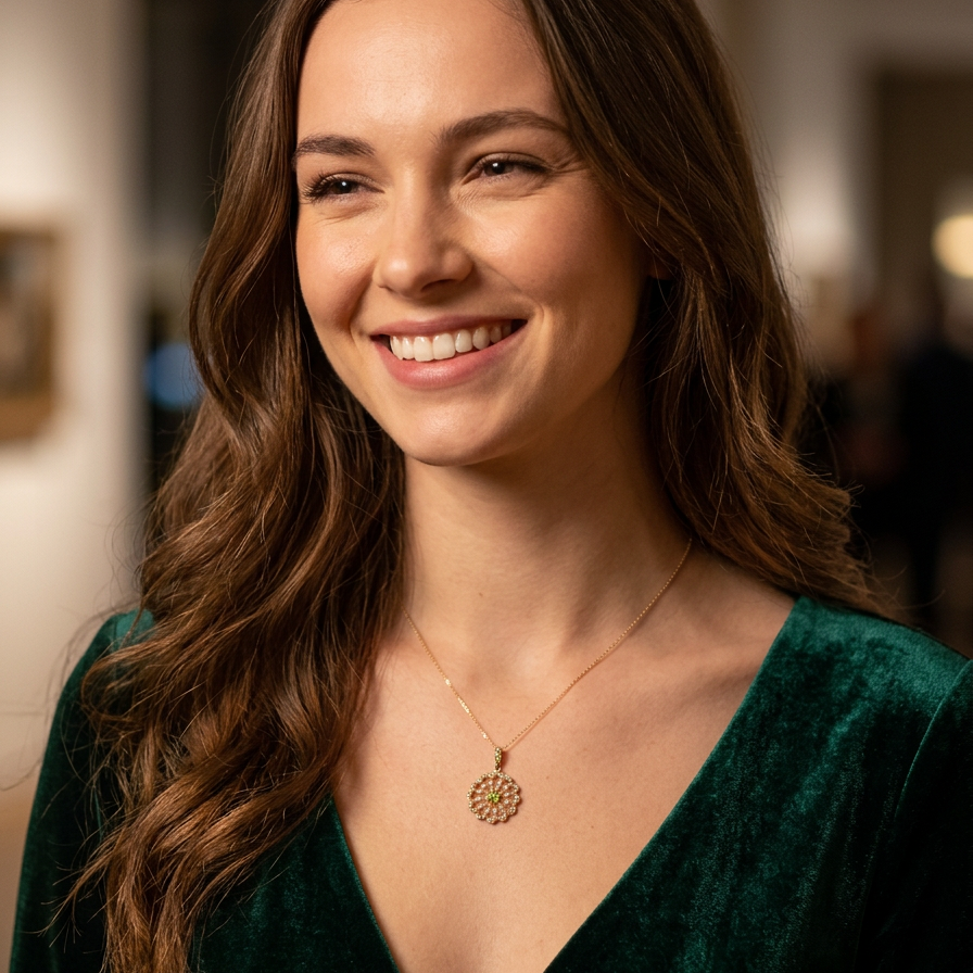 model pendant from the Edwardian- Age of Elegance-
The centre stone- a round peridot 5mm diameter, mille grain set. A satellite perimeter of twelve seed pearls, each 2.4mm. The outside border is scalloped shaped and each crescent is set with tiny seed pearls.