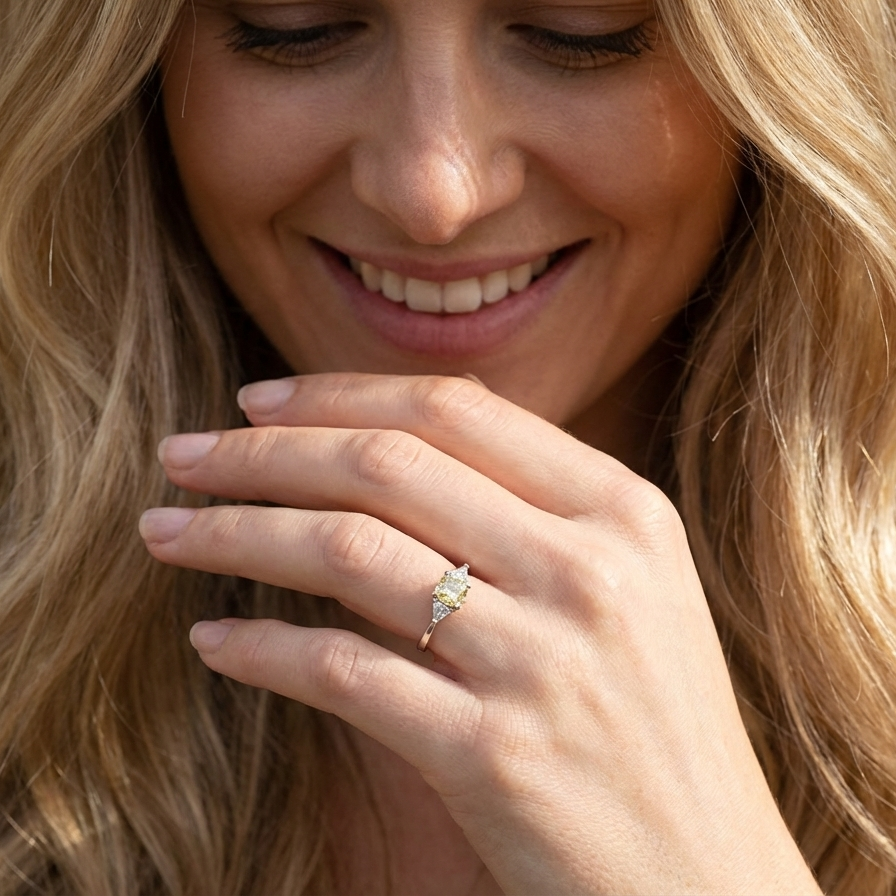 model striking and elegant trilogy ring crafted in 18-carat white gold, set with a vibrant fancy yellow cushion-cut diamond