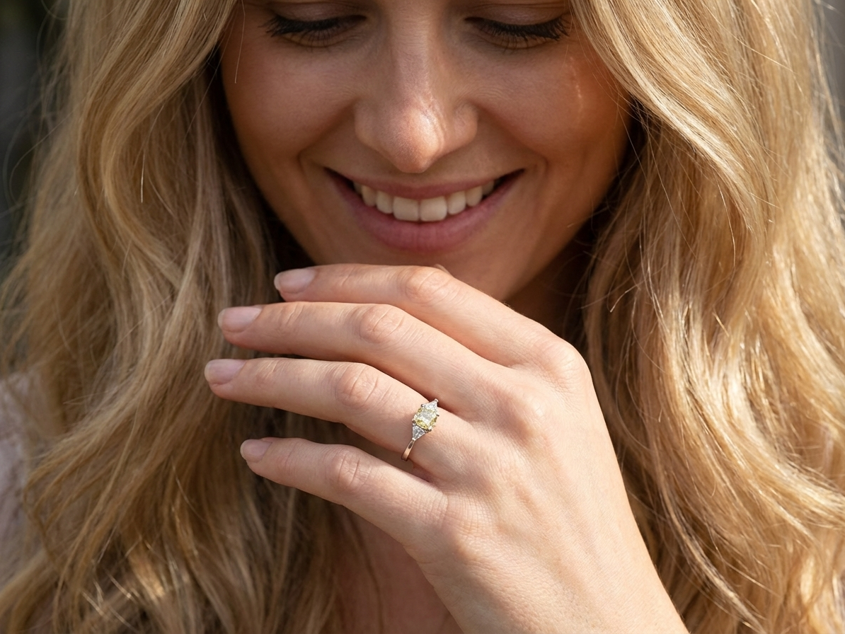 model striking and elegant trilogy ring crafted in 18-carat white gold, set with a vibrant fancy yellow cushion-cut diamond