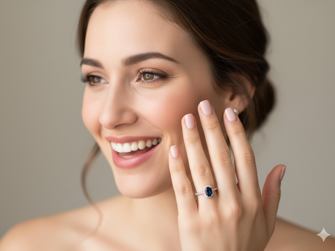 model striking cluster ring featuring a captivating ink-black blue sapphire,