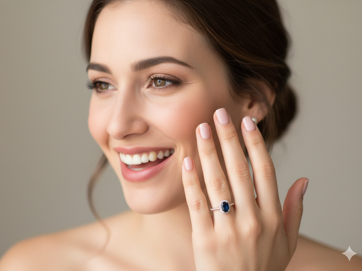 model striking cluster ring featuring a captivating ink-black blue sapphire,