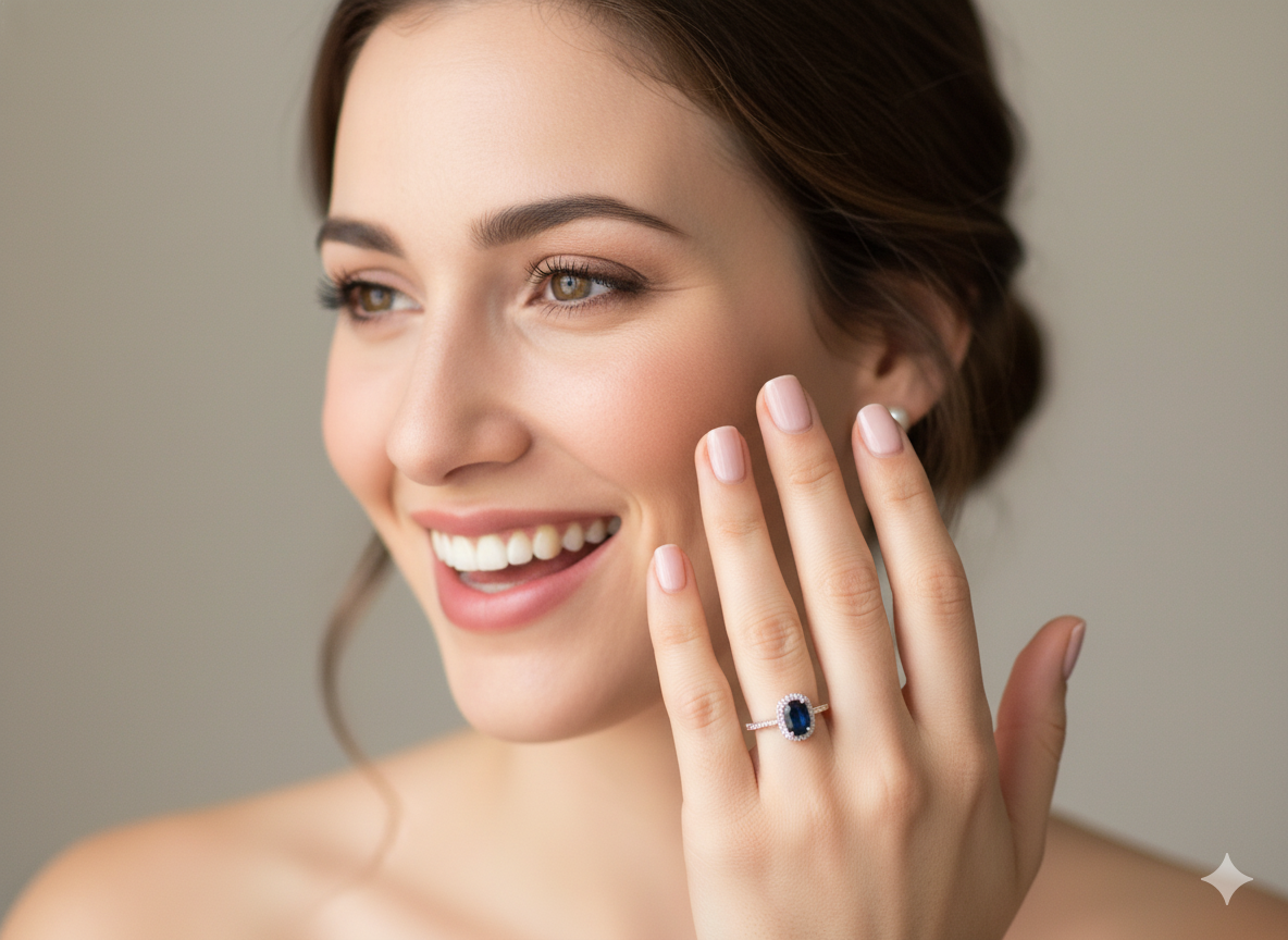 model striking cluster ring featuring a captivating ink-black blue sapphire,