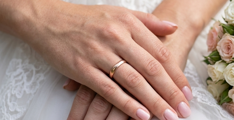 model wedding ring is 22 carat gold, just 2 points off pure.
3.6mm width, 1.9mm depth, weight 5.2grams. A lovely deep gold colour and patina.