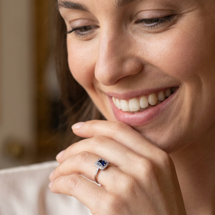 model beautiful original Art Deco cluster ring featuring a rich, dark blue oval-cut sapphire