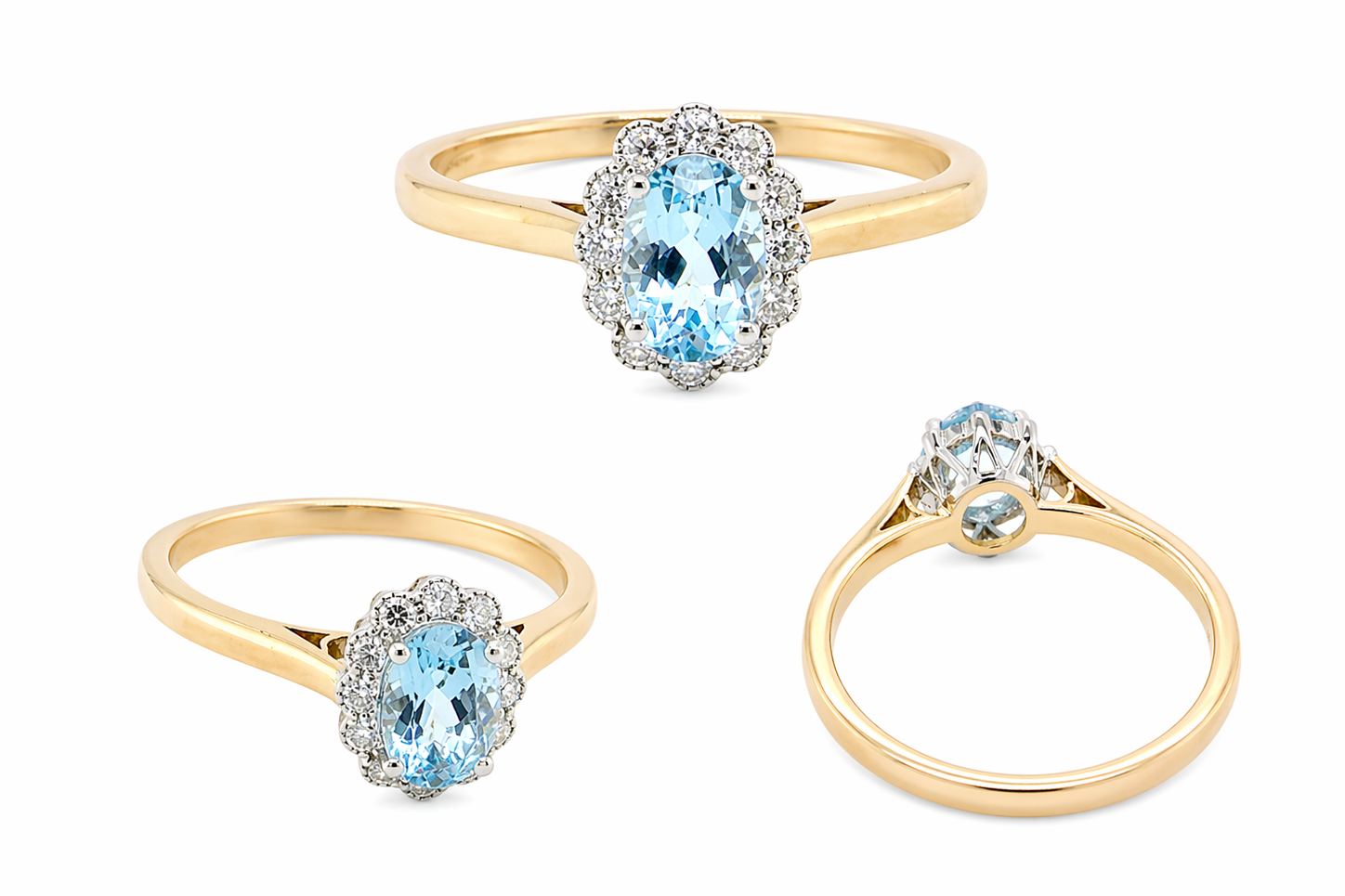 multi An 18 carat gold cluster ring. Set to the centre a lovely ice blue aquamarine 6x4mm, claw set.
