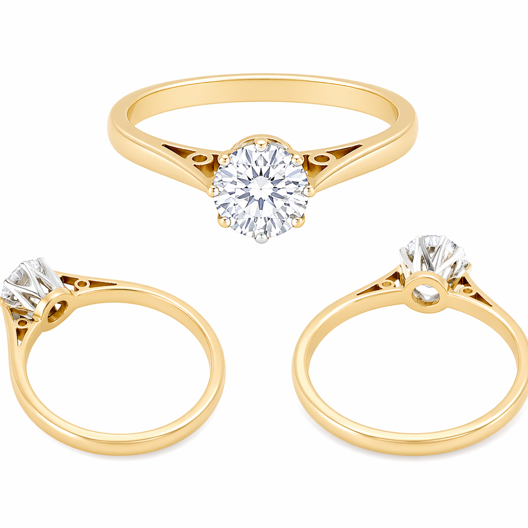 multi A fine solitaire ring set with a brilliant cut white diamond.
Certificated and therefore the description is confirmed. Size 5.5x5.2mm, 0.70 carats. Colour G, clarity Si1.