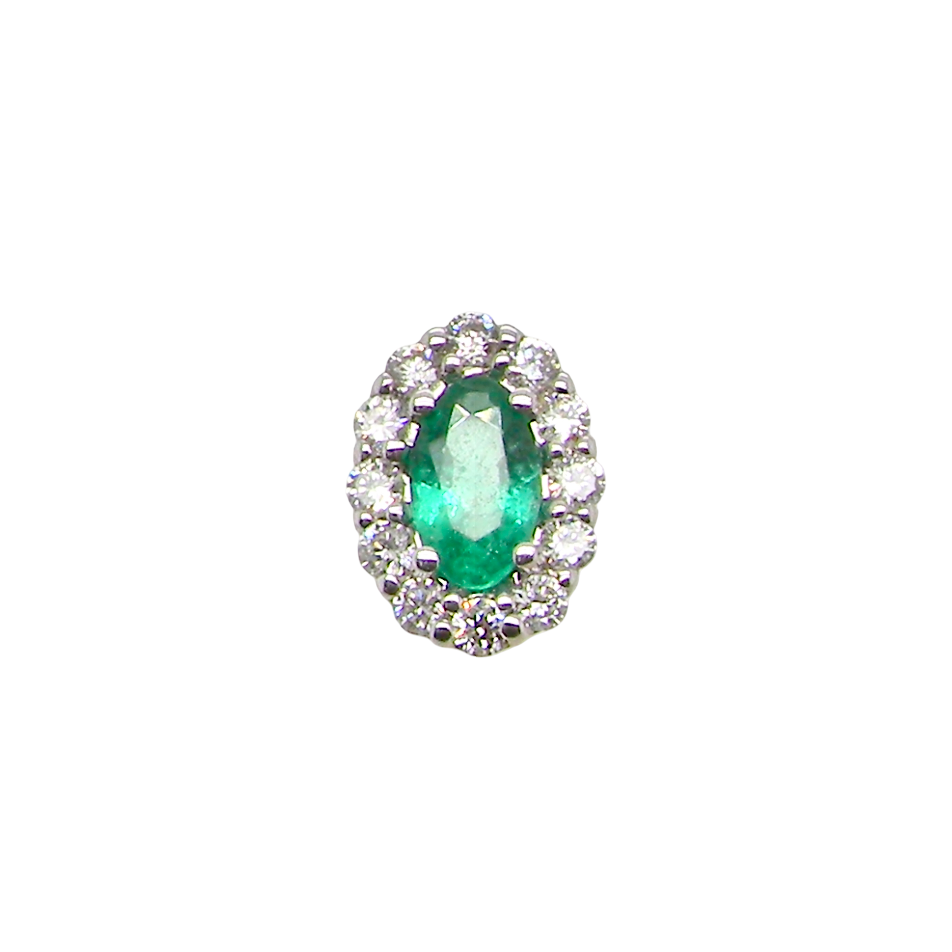 An oval emerald-cut green gemstone halo ring set in silver-toned metal with surrounding clear stones, isolated on a white background.